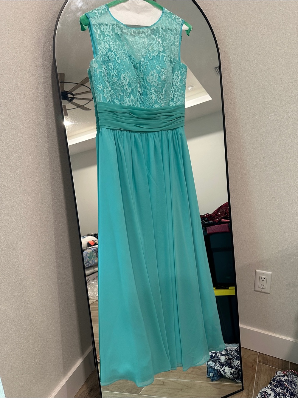 David's Bridal Turquoise Lace Chiffon Evening Dress